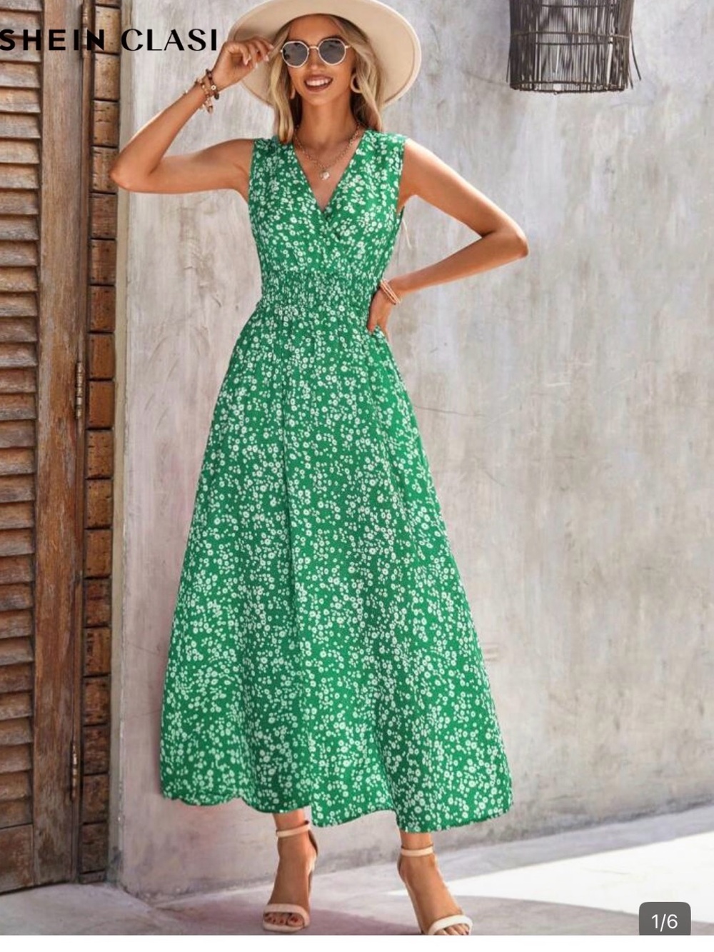 SHEIN Green Floral V-Neck Sleeveless Maxi Dress